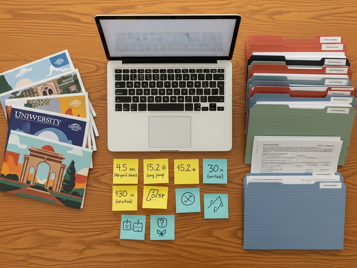 Laptop and printed documents arranged on a desk for college research