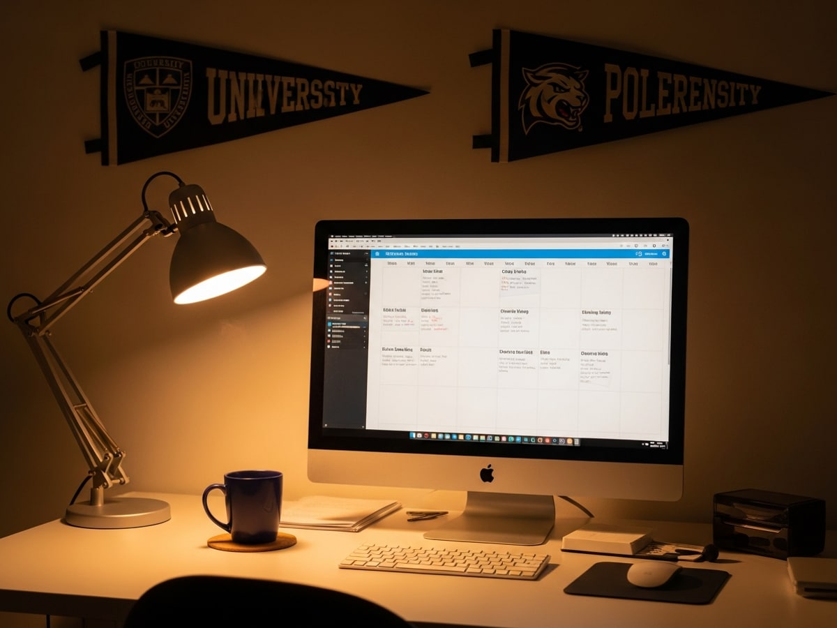 Home office desk with monitor and calendar showing organized recruiting schedule